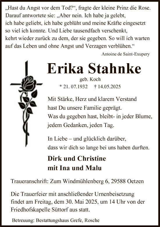 Todesanzeige von Erika Stahnke von UEL