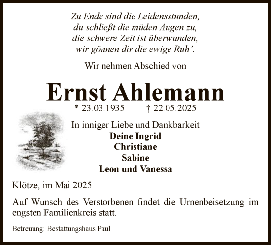 Todesanzeige von Ernst Ahlemann von AMZ