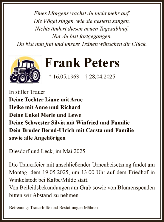 Todesanzeige von Frank Peters von UEL