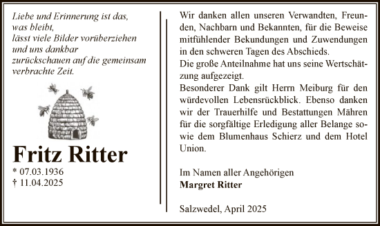 Todesanzeige von Fritz Ritter von UEL