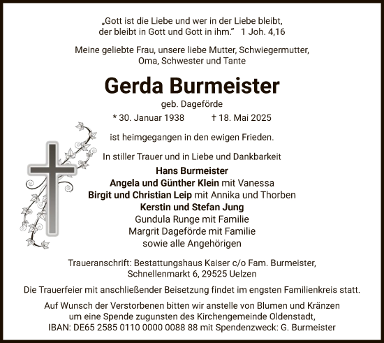 Todesanzeige von Gerda Burmeister von AZ