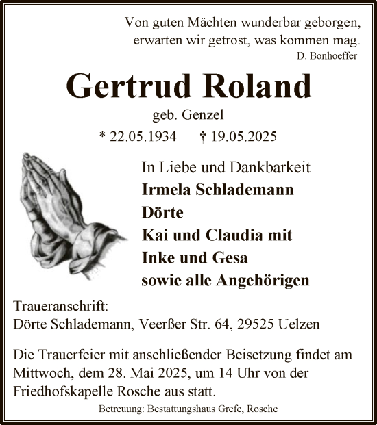 Todesanzeige von Gertrud Roland von AZ