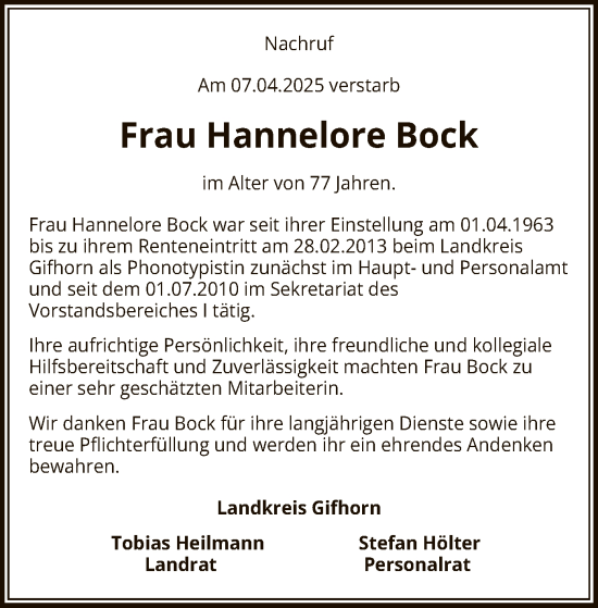 Todesanzeige von Hannelore Bock von UEL