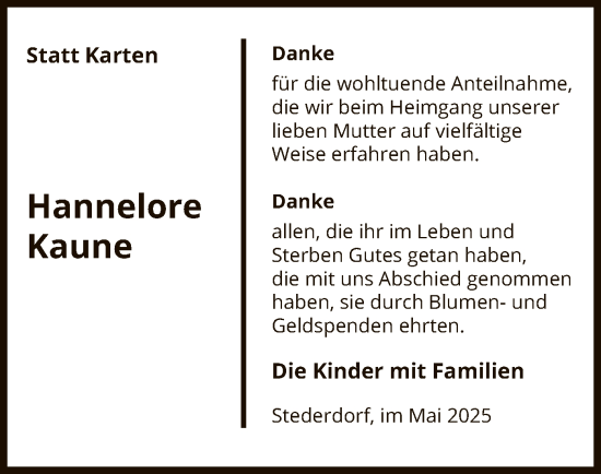 Todesanzeige von Hannelore Kaune von UEL