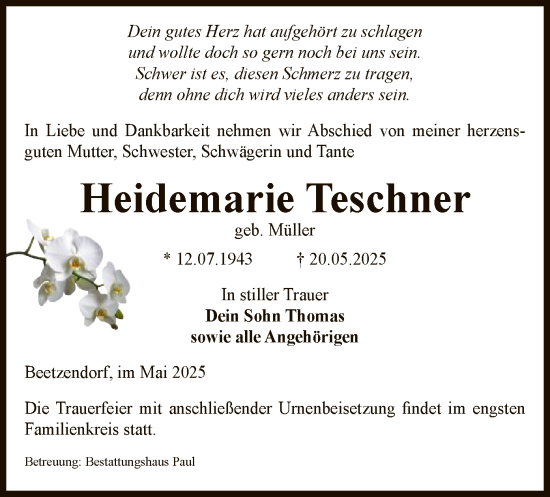 Todesanzeige von Heidemarie Teschner von AMZ