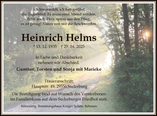 Todesanzeige von Heinrich Helms von UEL