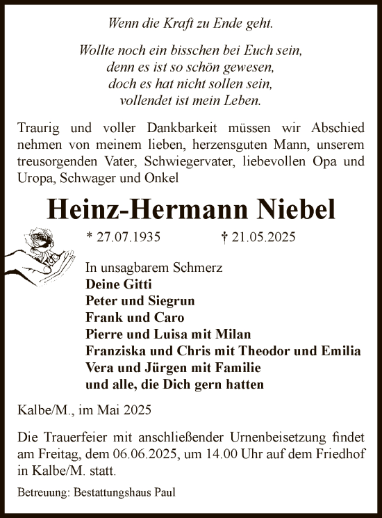 Todesanzeige von Heinz-Hermann Niebel von AMZ