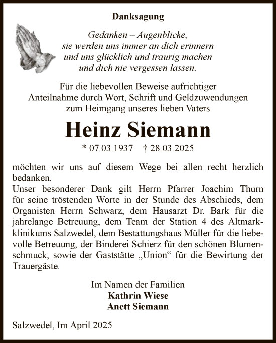 Todesanzeige von Heinz Siemann von UEL