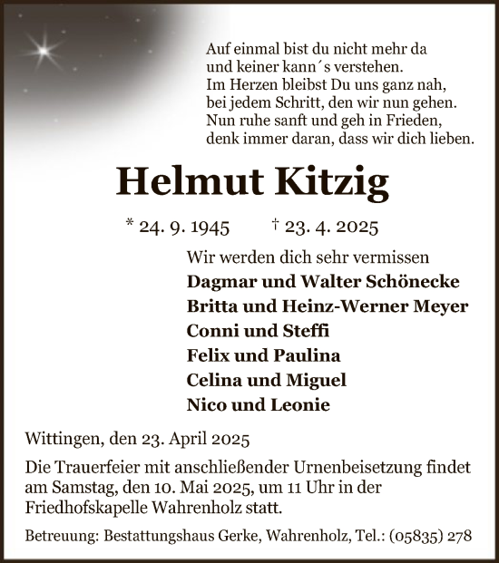 Todesanzeige von Helmut Kitzig von UEL