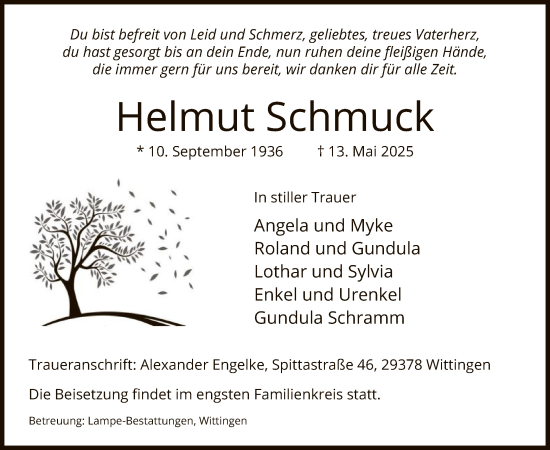Todesanzeige von Helmut Schmuck von UEL