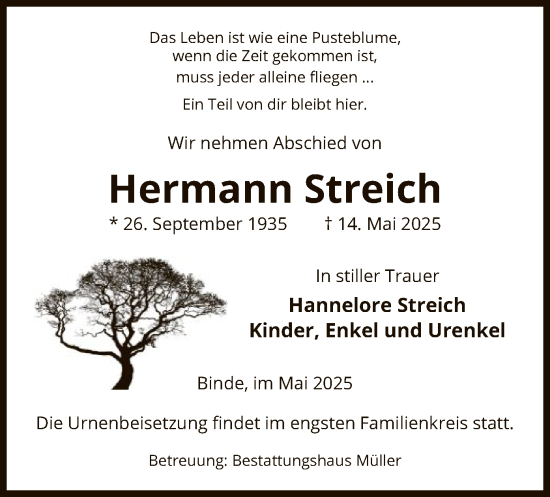 Todesanzeige von Hermann Streich von UEL