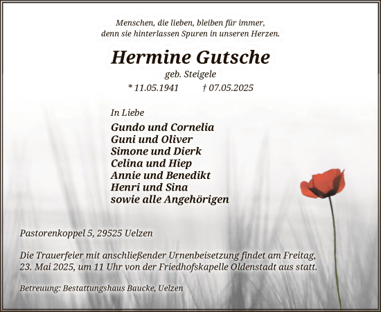 Todesanzeige von Hermine Gutsche von UEL