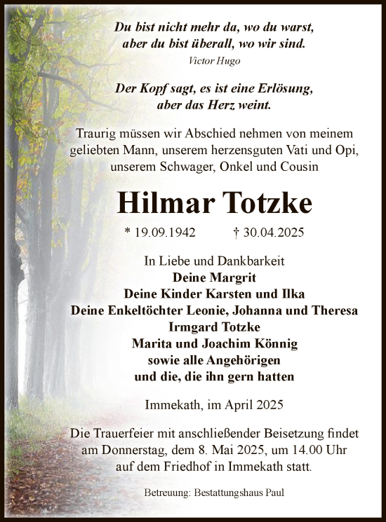 Todesanzeige von Hilmar Totzke von UEL