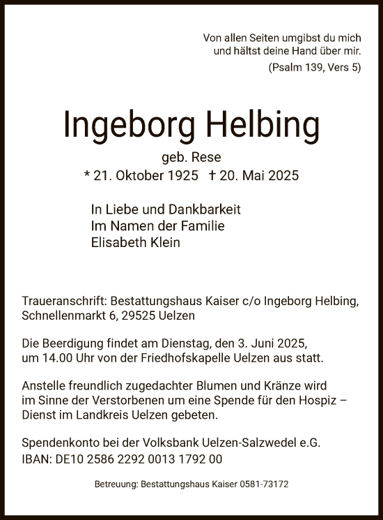 Todesanzeige von Ingeborg Helbing von AZ