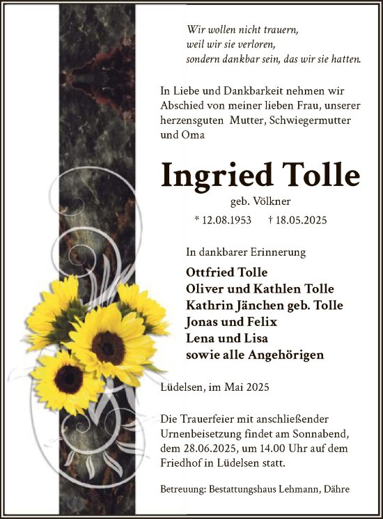 Todesanzeige von Ingried Tolle von AMZ