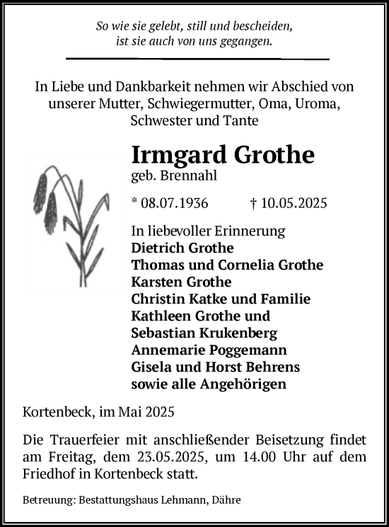 Todesanzeige von Irmgard Grothe von UEL
