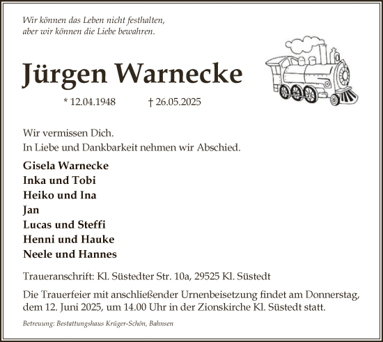 Todesanzeige von Jürgen Warnecke von AZ