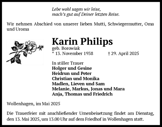 Todesanzeige von Karin Philips von UEL