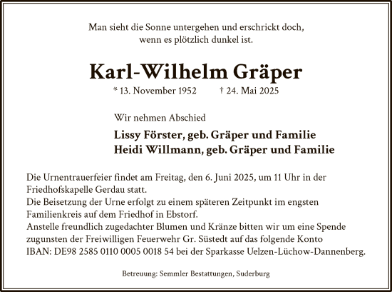 Todesanzeige von Karl-Wilhelm Gräper von AZ