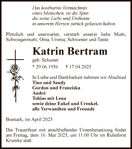 Todesanzeige von Katrin Bertram von UEL