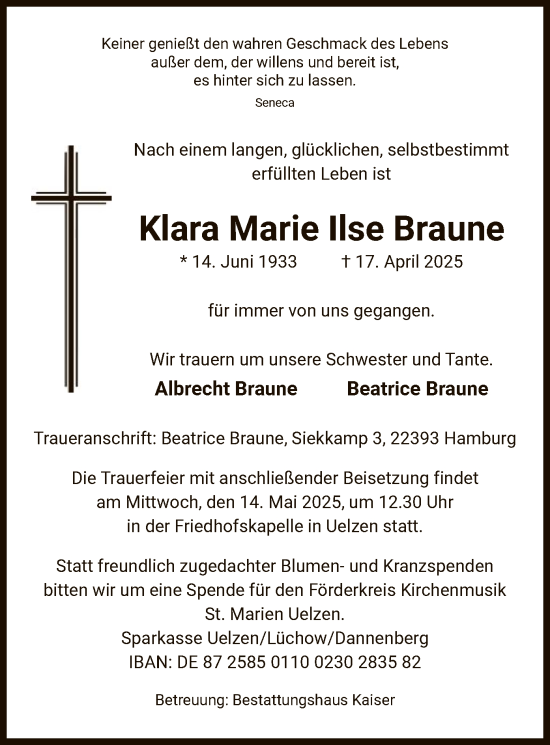 Todesanzeige von Klara Marie Ilse Braune von UEL