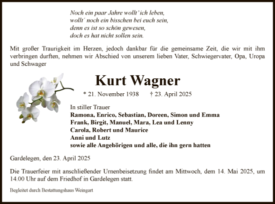 Todesanzeige von Kurt Wagner von UEL