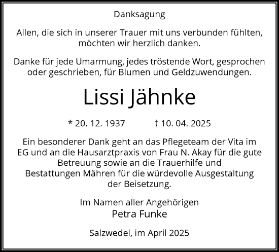 Todesanzeige von Lissi Jähnke von UEL