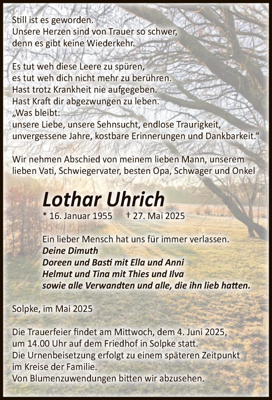 Todesanzeige von Lothar Uhrich von AMZ