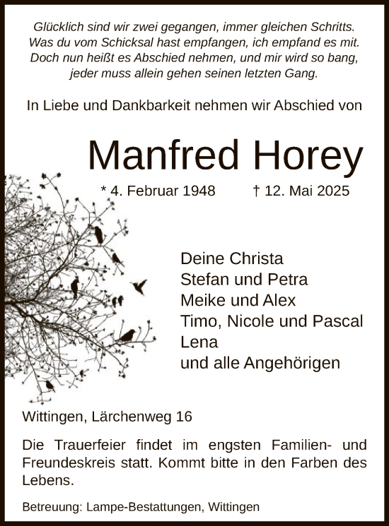 Todesanzeige von Manfred Horey von UEL