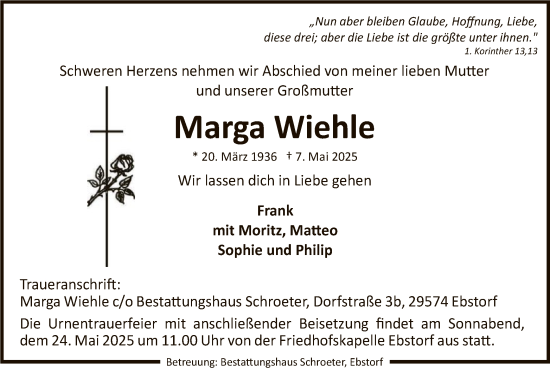 Todesanzeige von Marga Wiehle von UEL