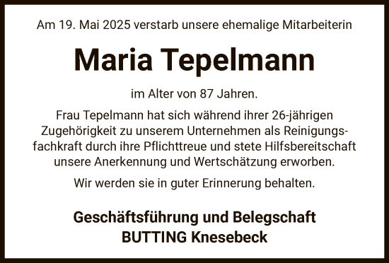 Todesanzeige von Maria Tepelmann von IK
