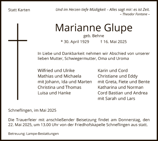 Todesanzeige von Marianne Glupe von UEL