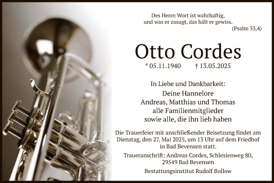 Todesanzeige von Otto Cordes von UEL