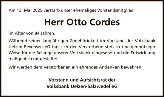 Todesanzeige von Otto Cordes von AZ