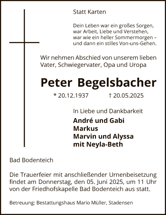Todesanzeige von Peter Begelsbacher von AZ