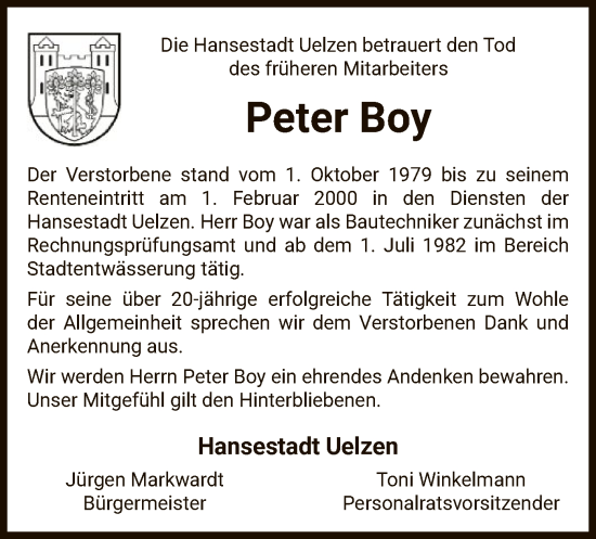 Todesanzeige von Peter Boy von UEL