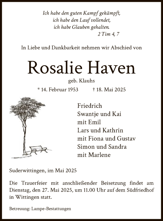 Todesanzeige von Rosalie Haven von IK