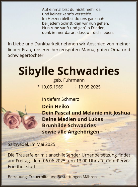 Todesanzeige von Sibylle Schwadries von UEL