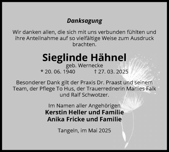 Todesanzeige von Sieglinde Hähnel von AMZ