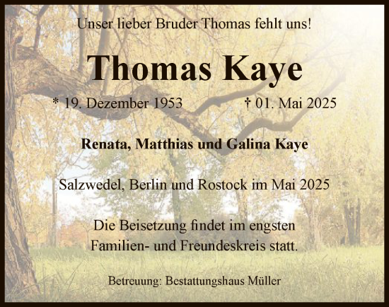 Todesanzeige von Thomas Kaye von UEL