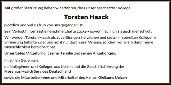 Todesanzeige von Torsten Haack von UEL