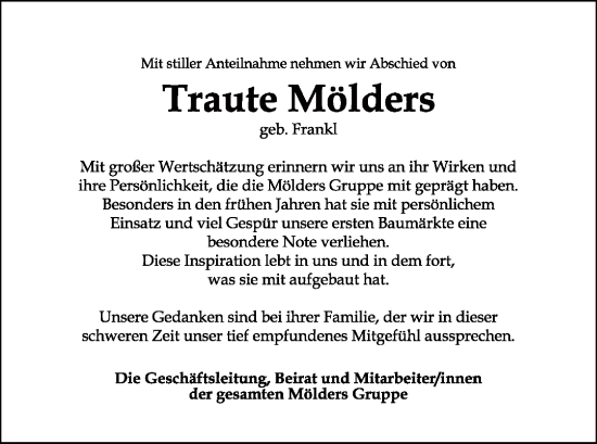 Todesanzeige von Traute Mölders von AZ
