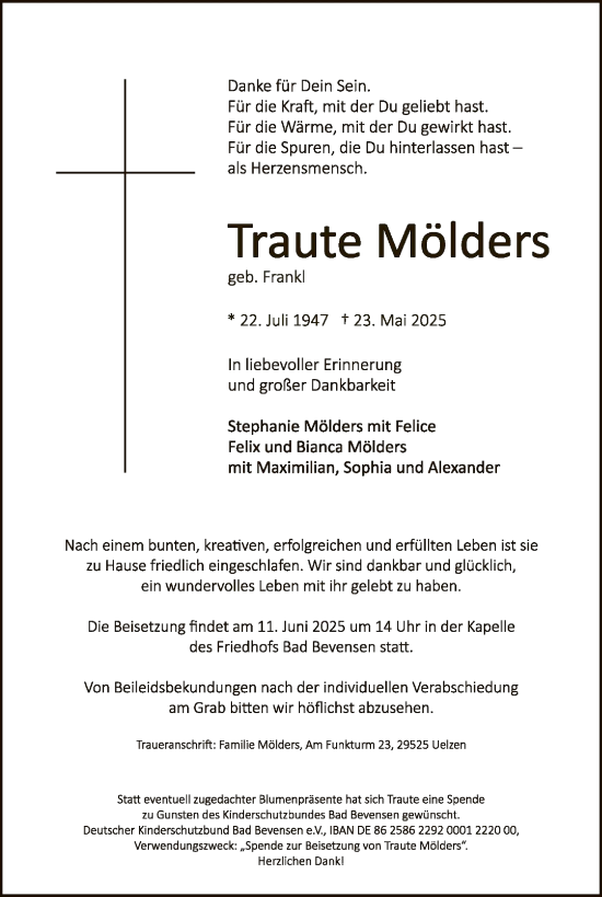 Todesanzeige von Traute Mölders von AZ
