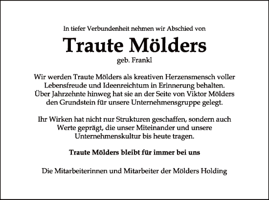 Todesanzeige von Traute Mölders von AZ