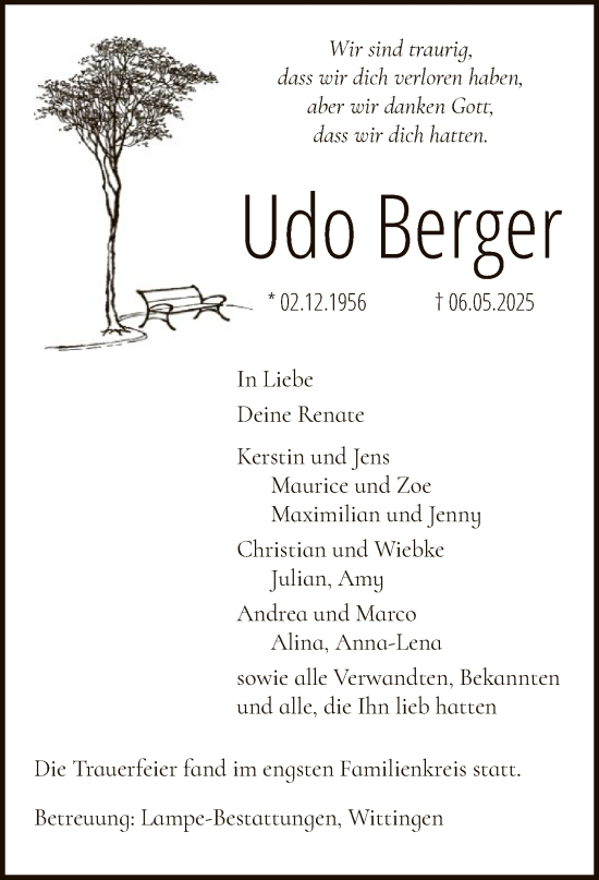 Todesanzeige von Udo Berger von UEL