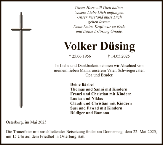 Todesanzeige von Volker Düsing von UEL
