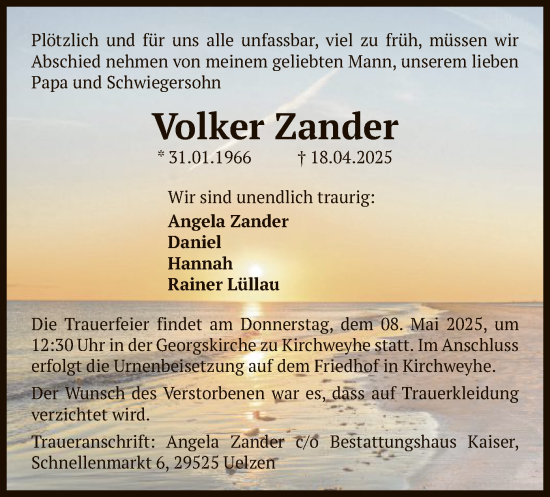Todesanzeige von Volker Zander von UEL