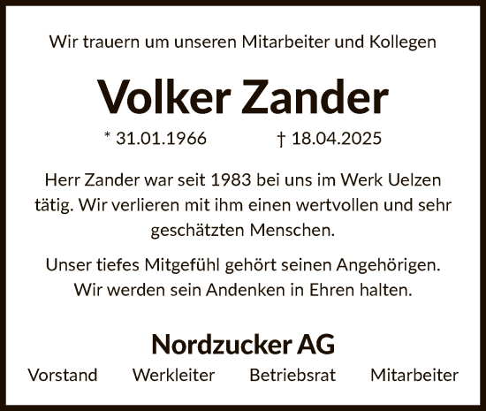 Todesanzeige von Volker Zander von UEL
