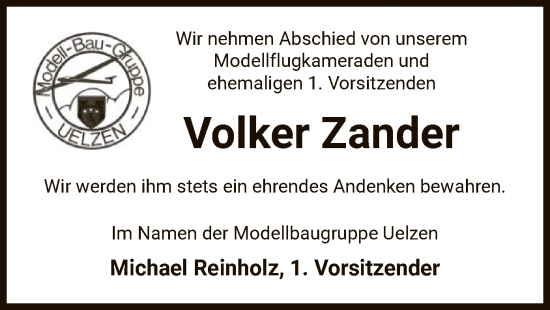 Todesanzeige von Volker Zander von UEL