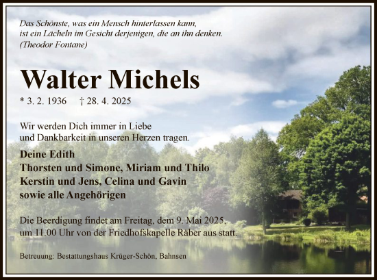 Todesanzeige von Walter Michels von UEL